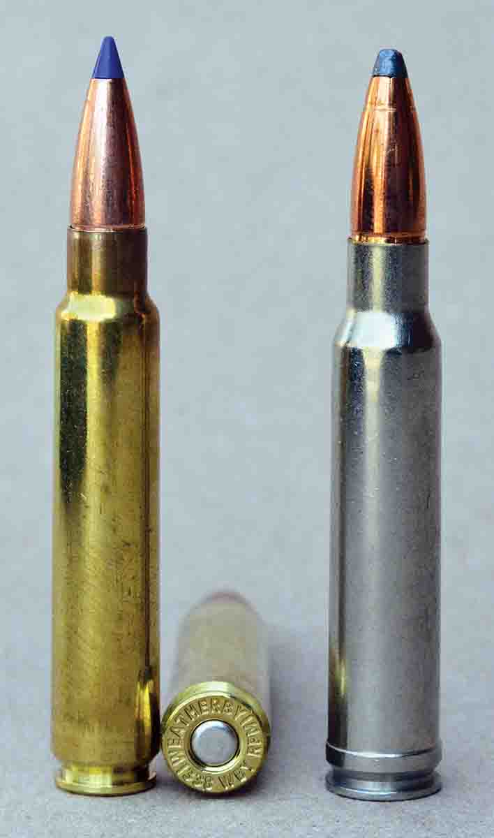 The 338 caliber has always been popular with big-game hunters. For comparison, the 338 RPM (left) is shown next to the 338 Winchester Magnum (right).
